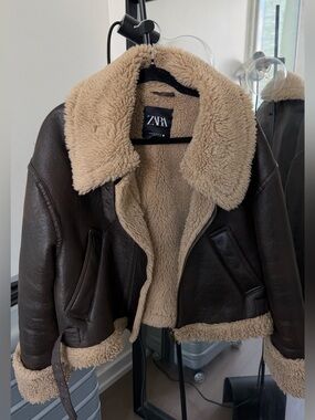 Zara Brown Faux Leather Shearling Aviator Jacket